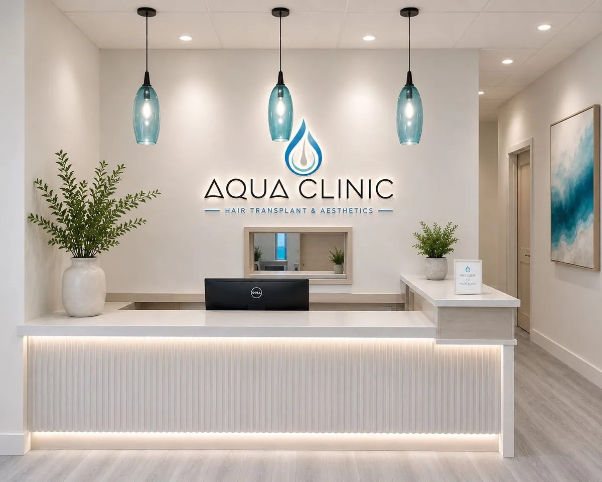 The Aqua Clinic reception desk, with the Aqua Clinic sign and pendant lighting above
