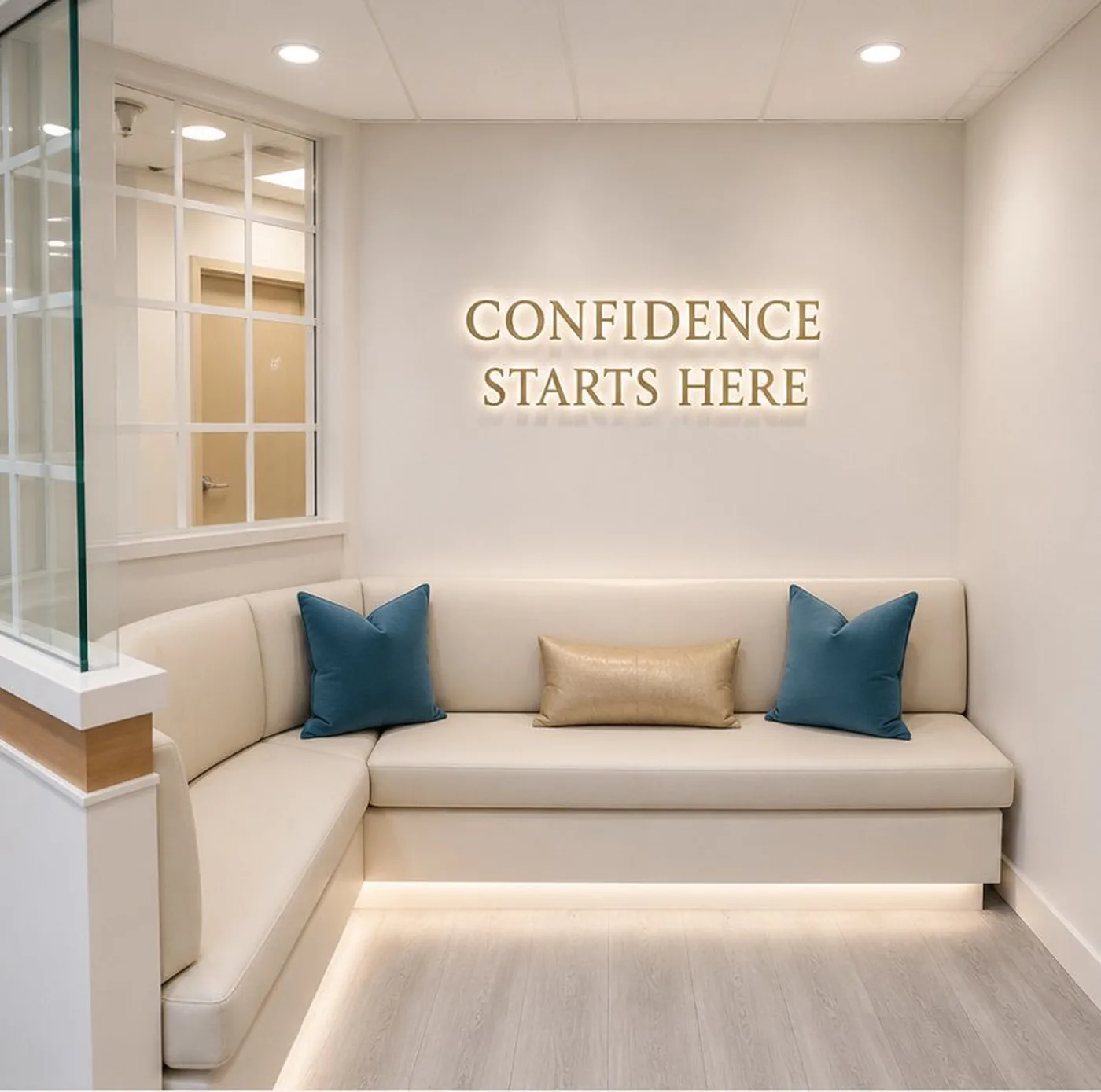 The Aqua Clinic waiting area in Annapolis: banquette seating beneath a backlit &ldquo;Confidence Starts Here&rdquo; sign